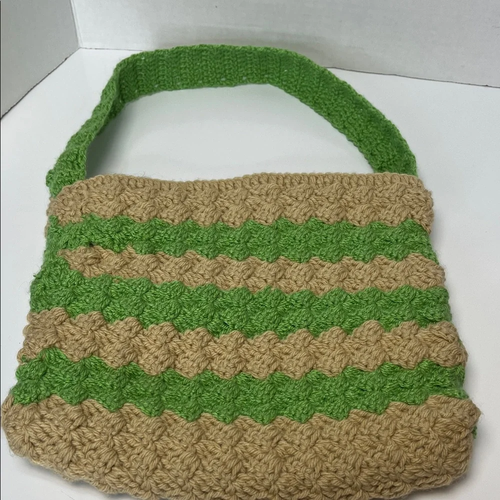 Green and Tan Crochet Shoulder Bag